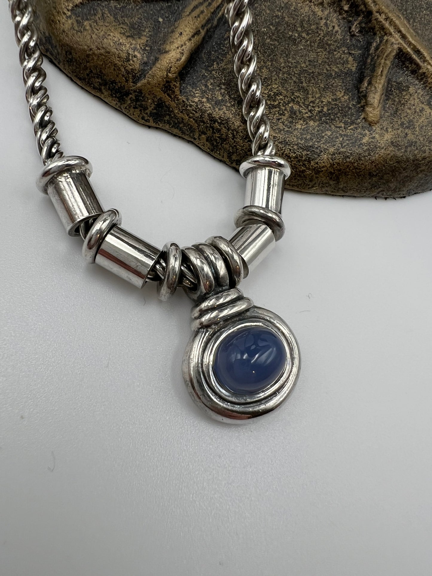 Vintage Sterling Silver Twisted Chain Necklace Featuring a Striking Light Blue Chalcedony Pendant.