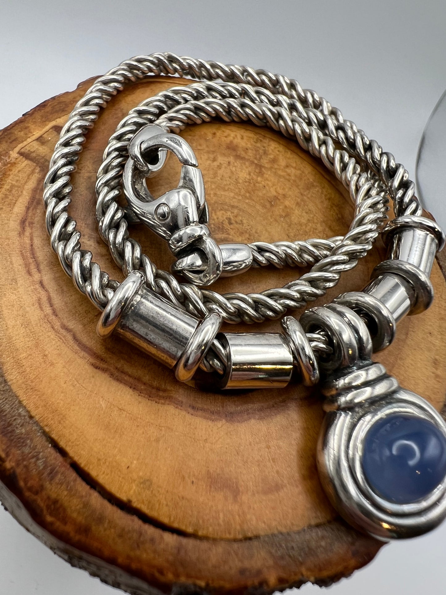 Vintage Sterling Silver Twisted Chain Necklace Featuring a Striking Light Blue Chalcedony Pendant.