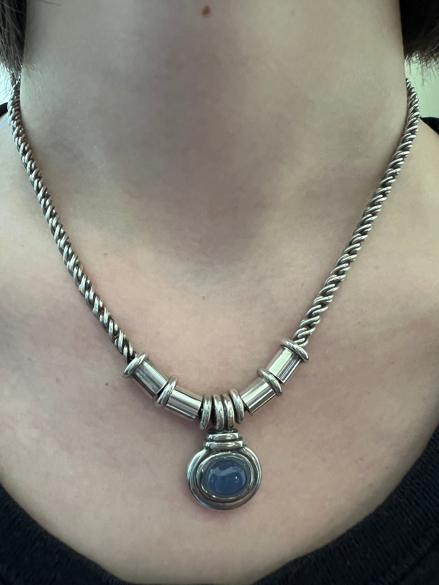 Vintage Sterling Silver Twisted Chain Necklace Featuring a Striking Light Blue Chalcedony Pendant.