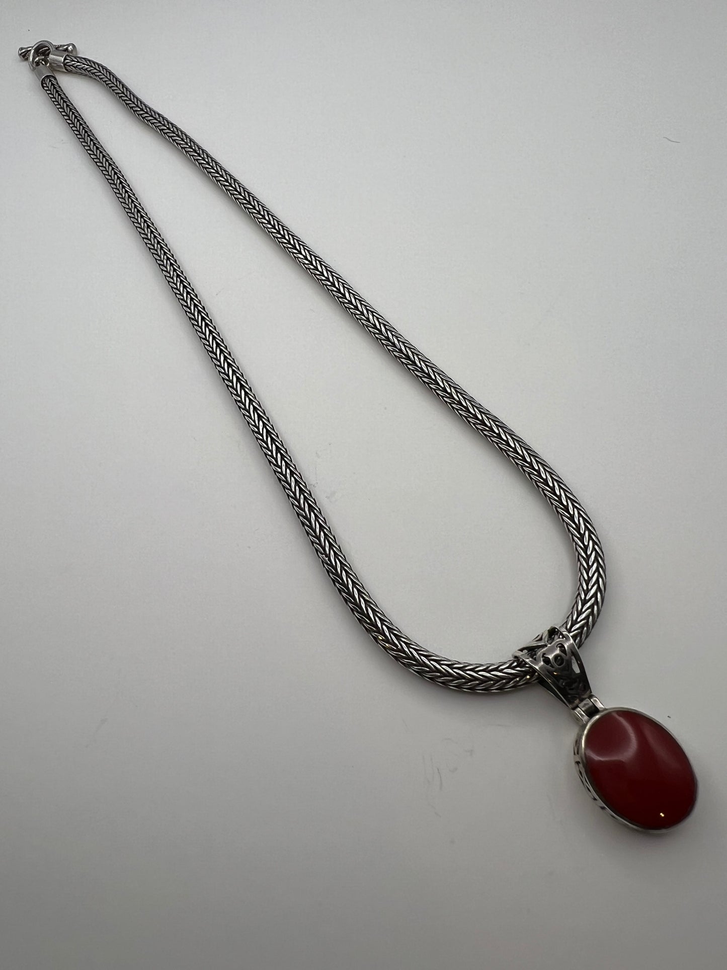 18" Sterling Silver Wheat Chain with Red Stone and Sterling Silver Pendant