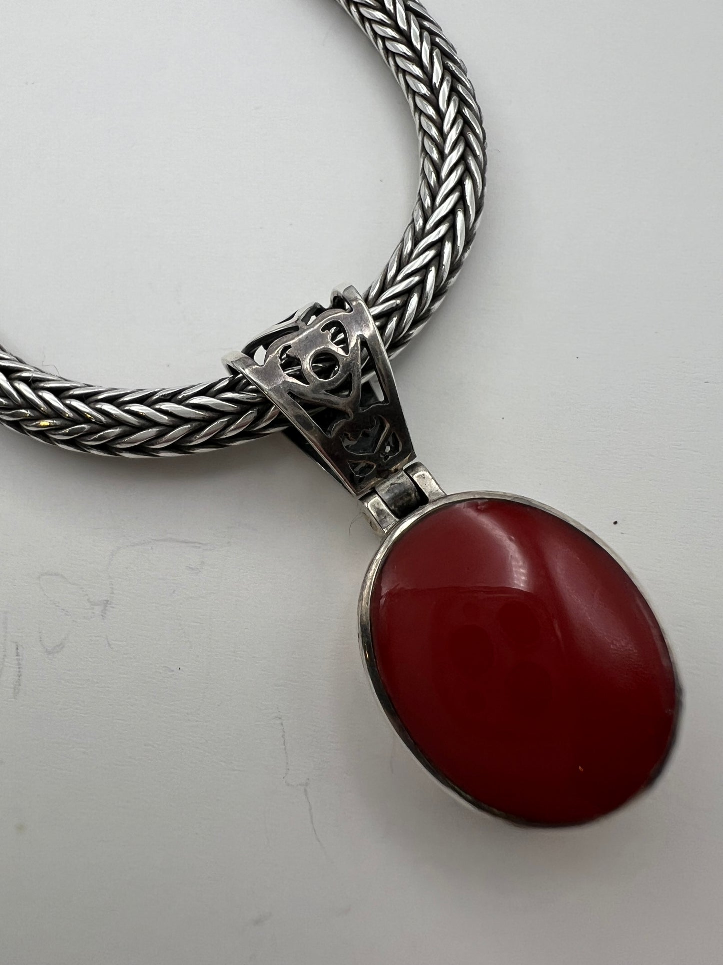 18" Sterling Silver Wheat Chain with Red Stone and Sterling Silver Pendant