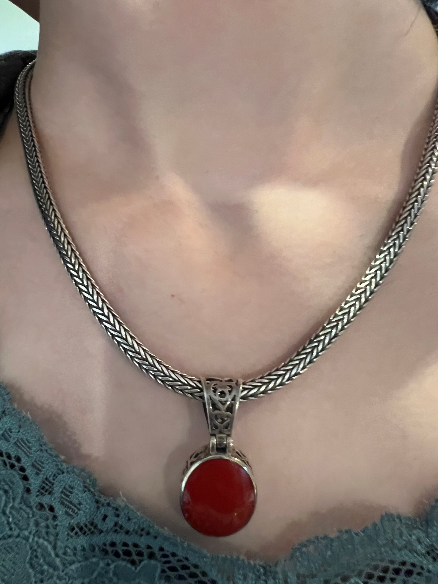 18" Sterling Silver Wheat Chain with Red Stone and Sterling Silver Pendant