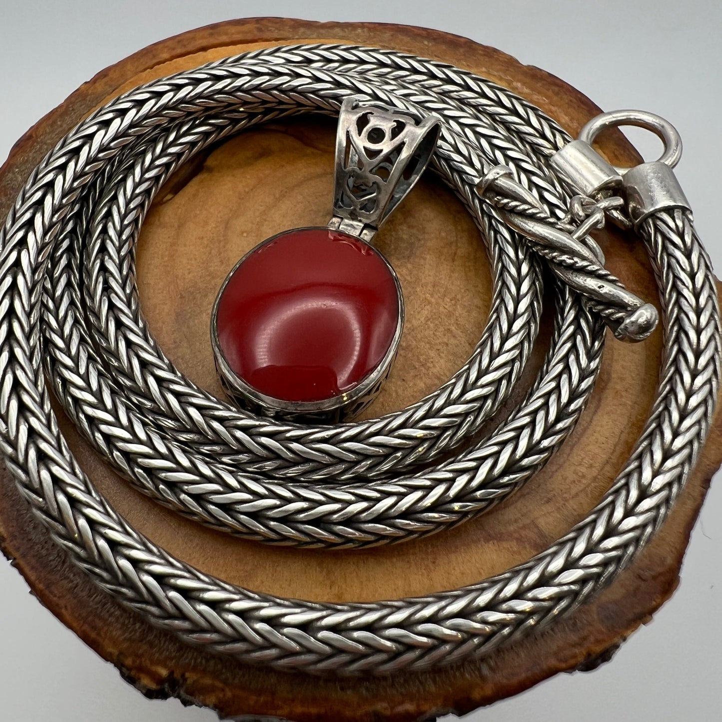 18" Sterling Silver Wheat Chain with Red Stone and Sterling Silver Pendant