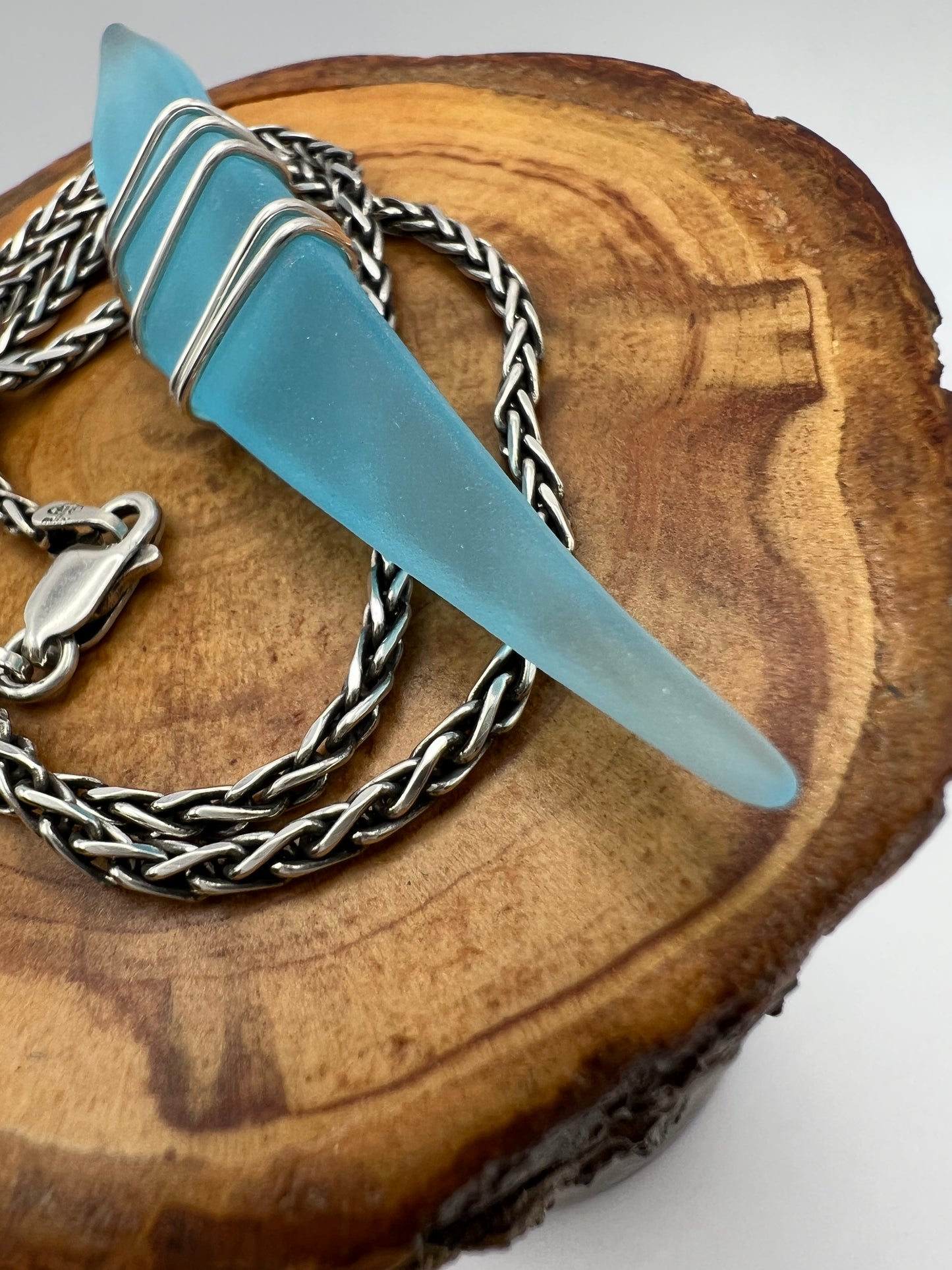 16” Vintage Sterling Silver Necklace and Turquoise Tumbled Glass Pendant