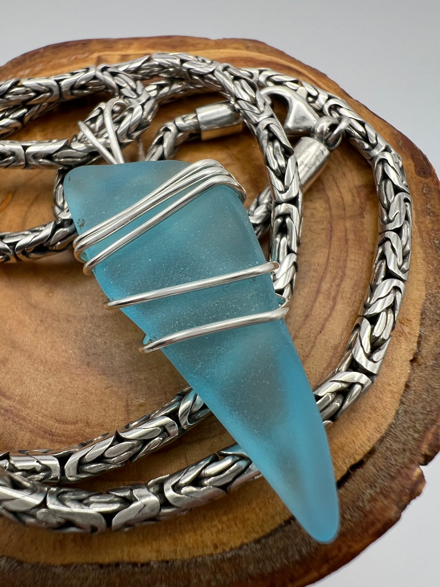 20” Vintage Sterling Silver Byzantine and Turquoise Glass Pendant Necklace