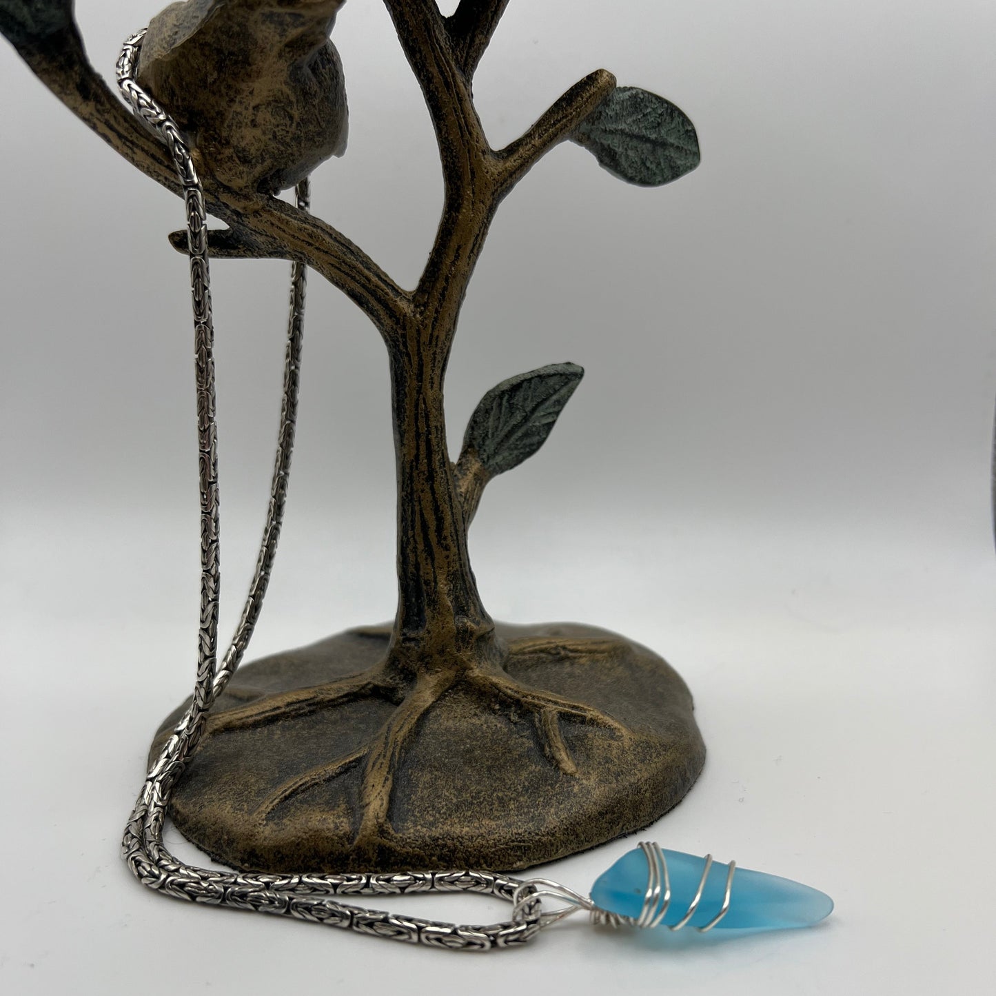 20” Vintage Sterling Silver Byzantine and Turquoise Glass Pendant Necklace