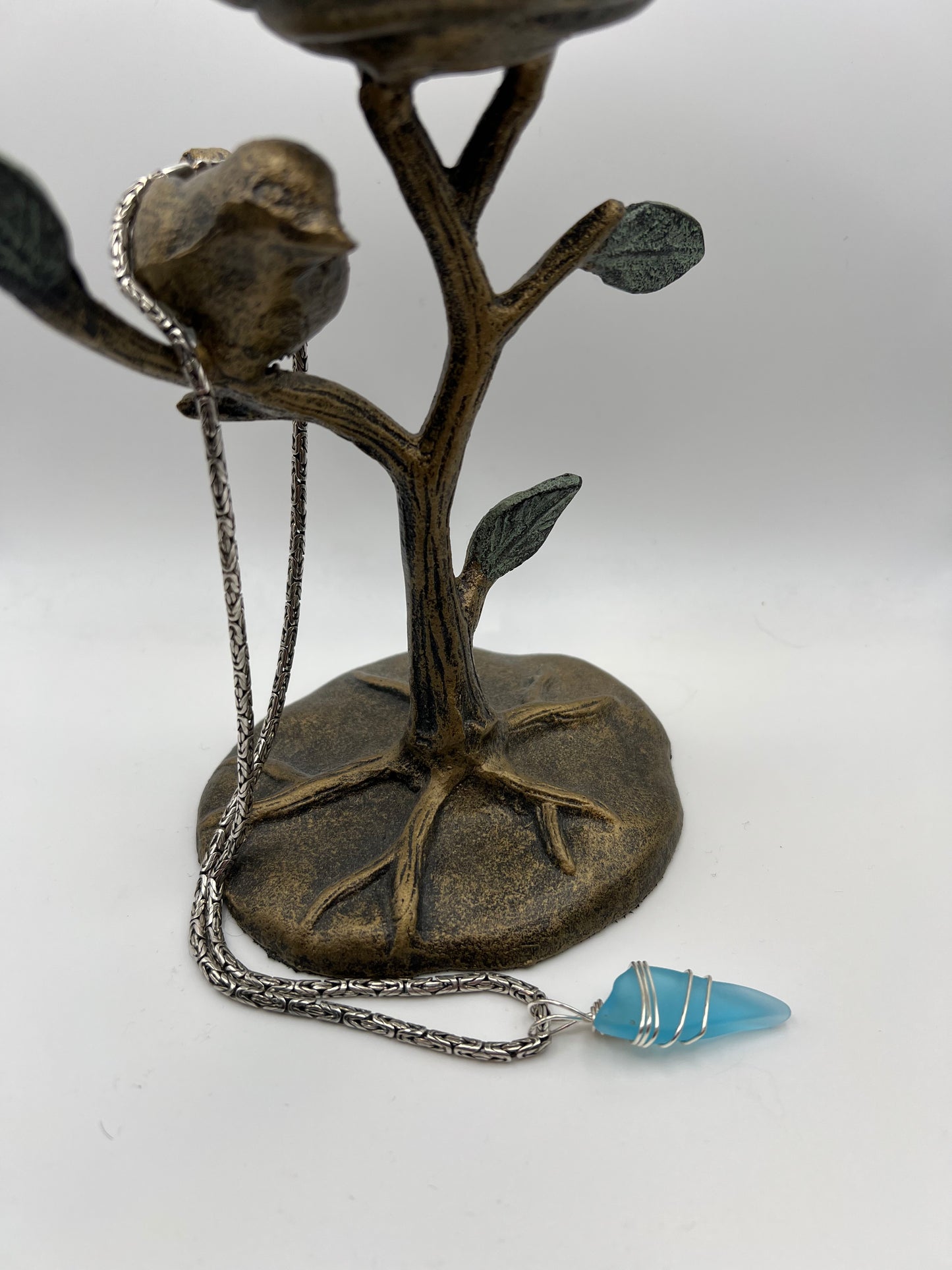 20” Vintage Sterling Silver Byzantine and Turquoise Glass Pendant Necklace