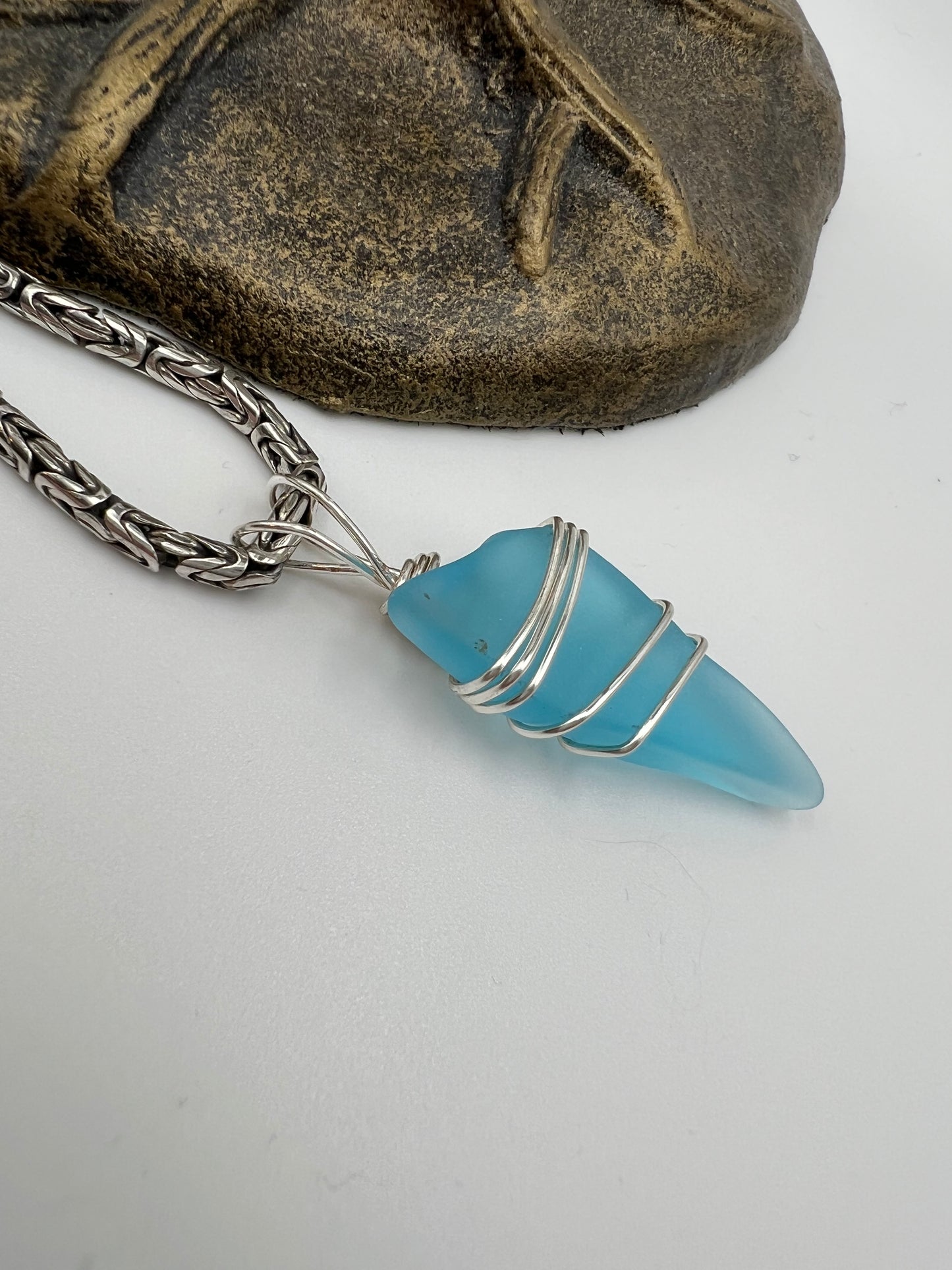 20” Vintage Sterling Silver Byzantine and Turquoise Glass Pendant Necklace