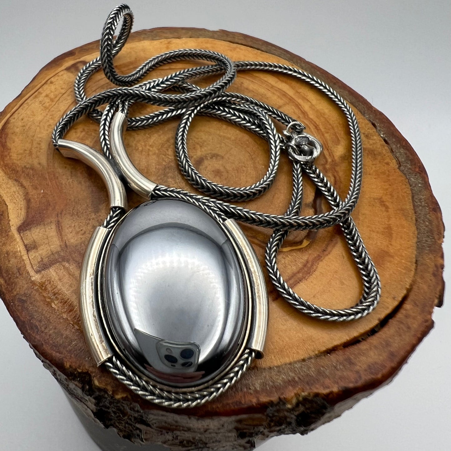 Vintage Sterling Silver Foxtail Necklace with Inlaid Hematite Pendant.