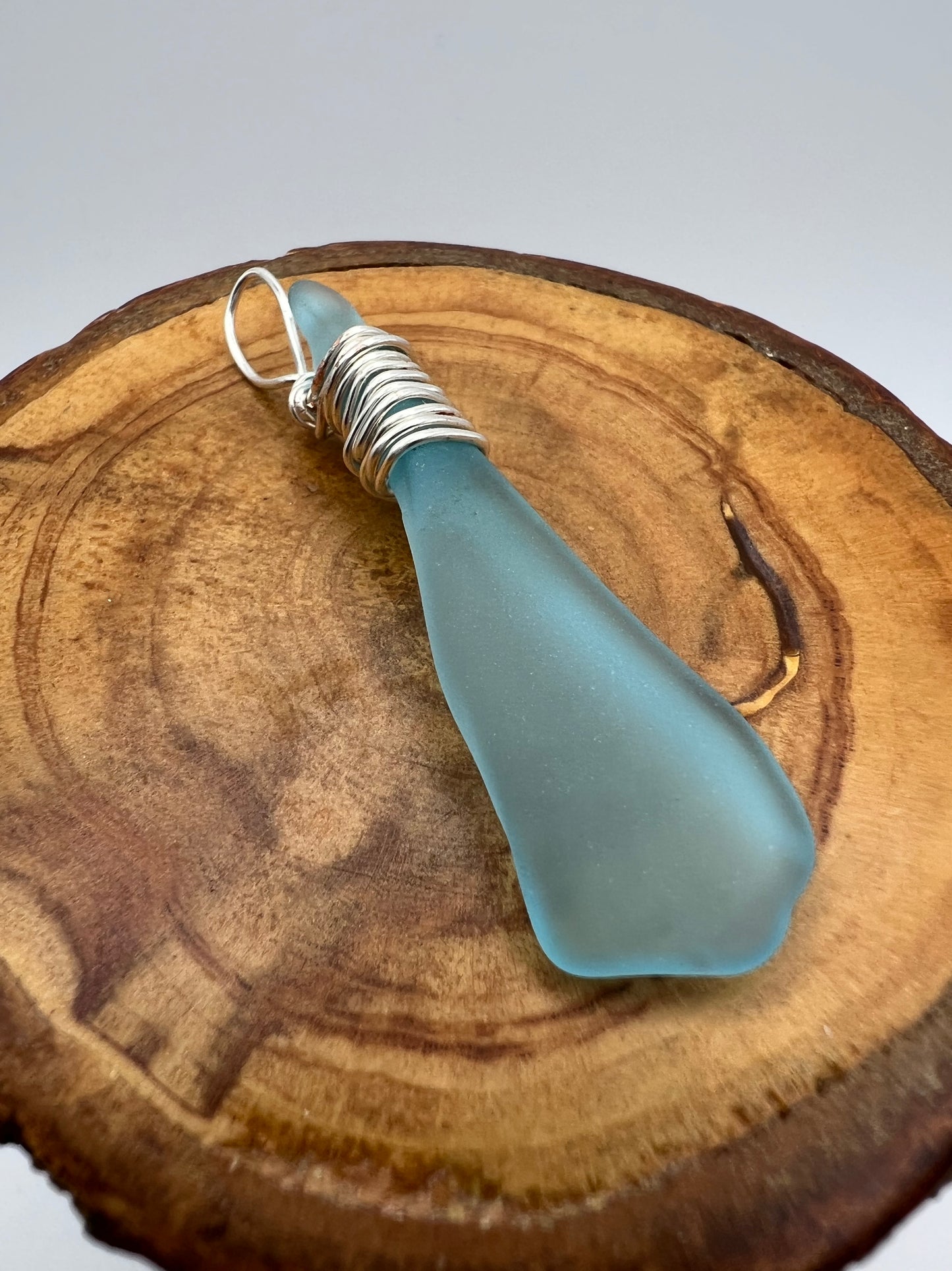 Turquoise Glass Pendant with Silver Wire Wrap