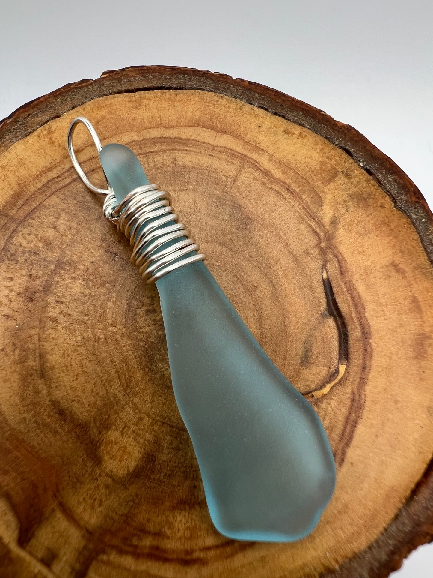 Turquoise Glass Pendant with Silver Wire Wrap