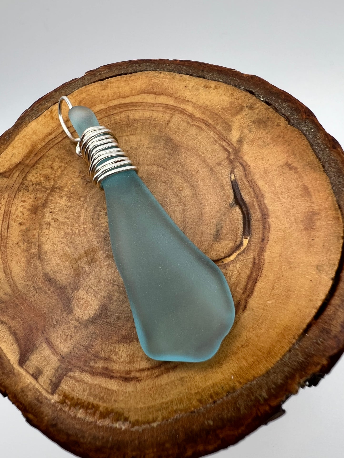 Turquoise Glass Pendant with Silver Wire Wrap