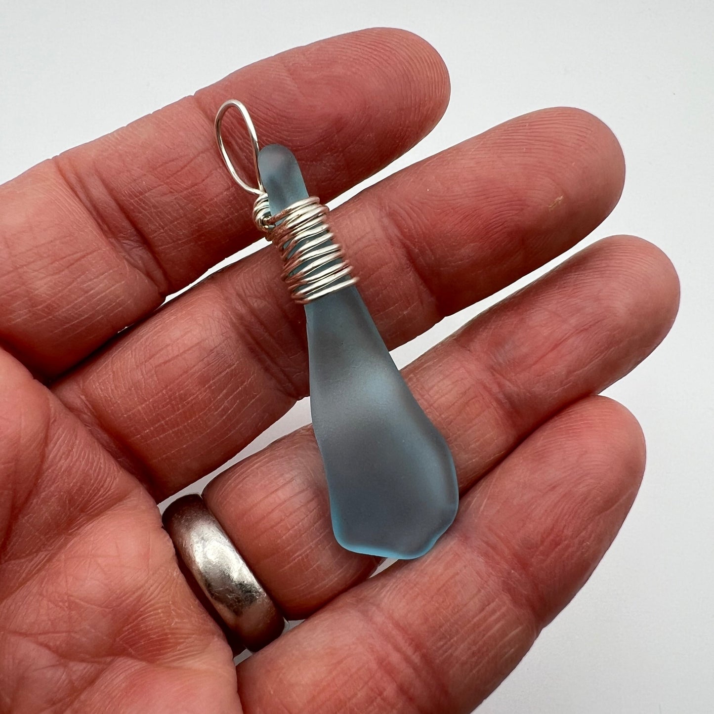 Turquoise Glass Pendant with Silver Wire Wrap