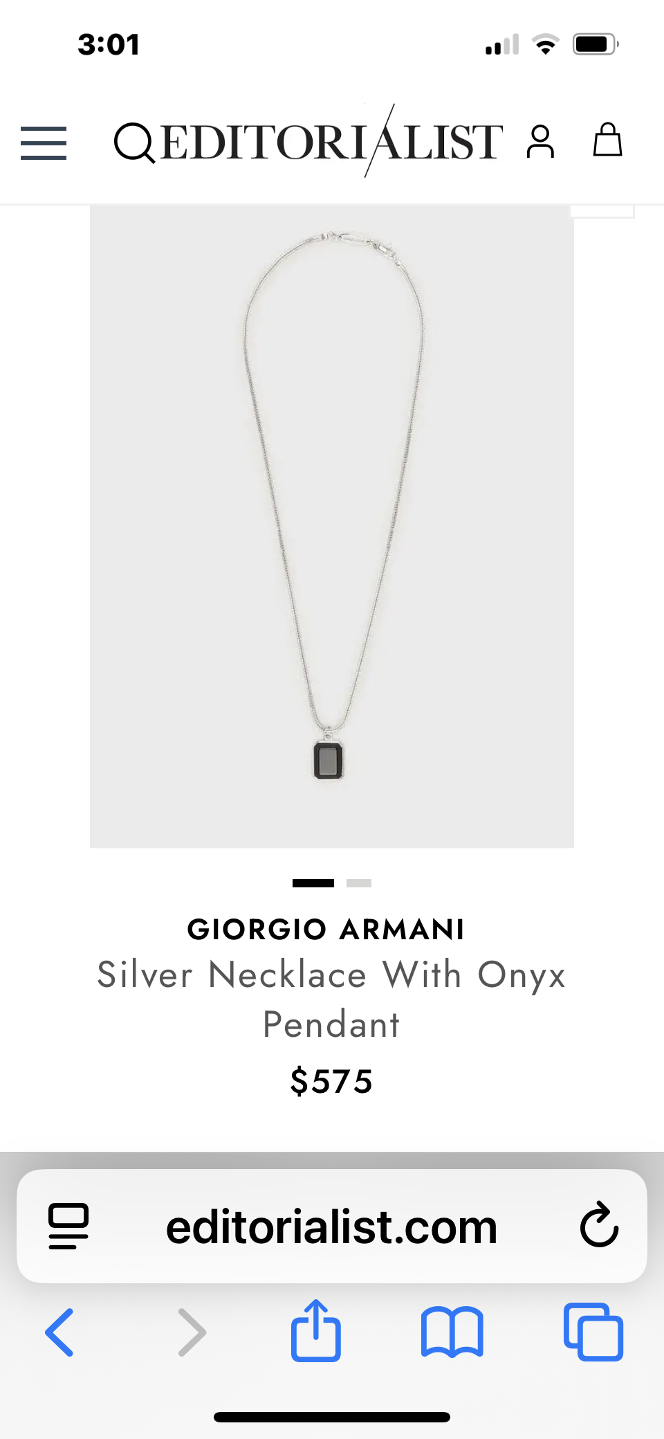 Giorgio Armani Sterling Silver necklace with rectangular onyx pendant 22”