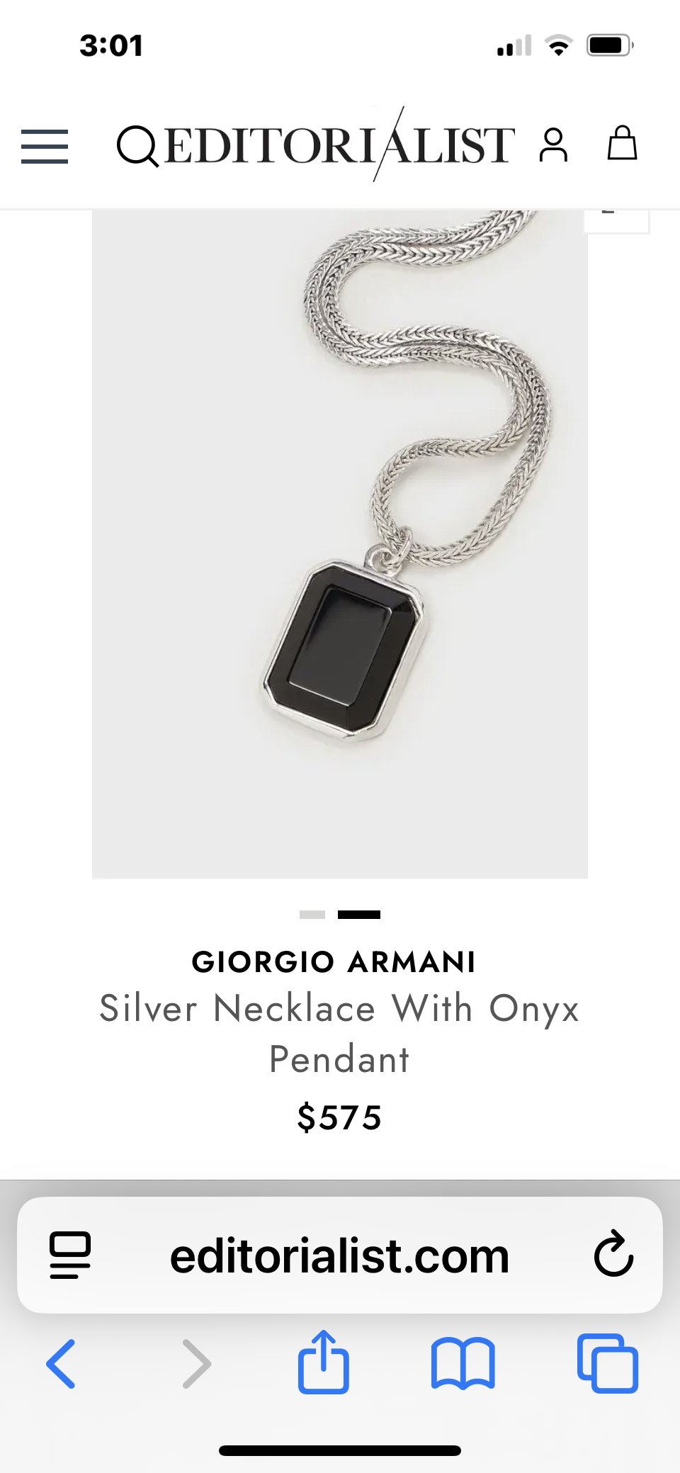 Giorgio Armani Sterling Silver necklace with rectangular onyx pendant 22”