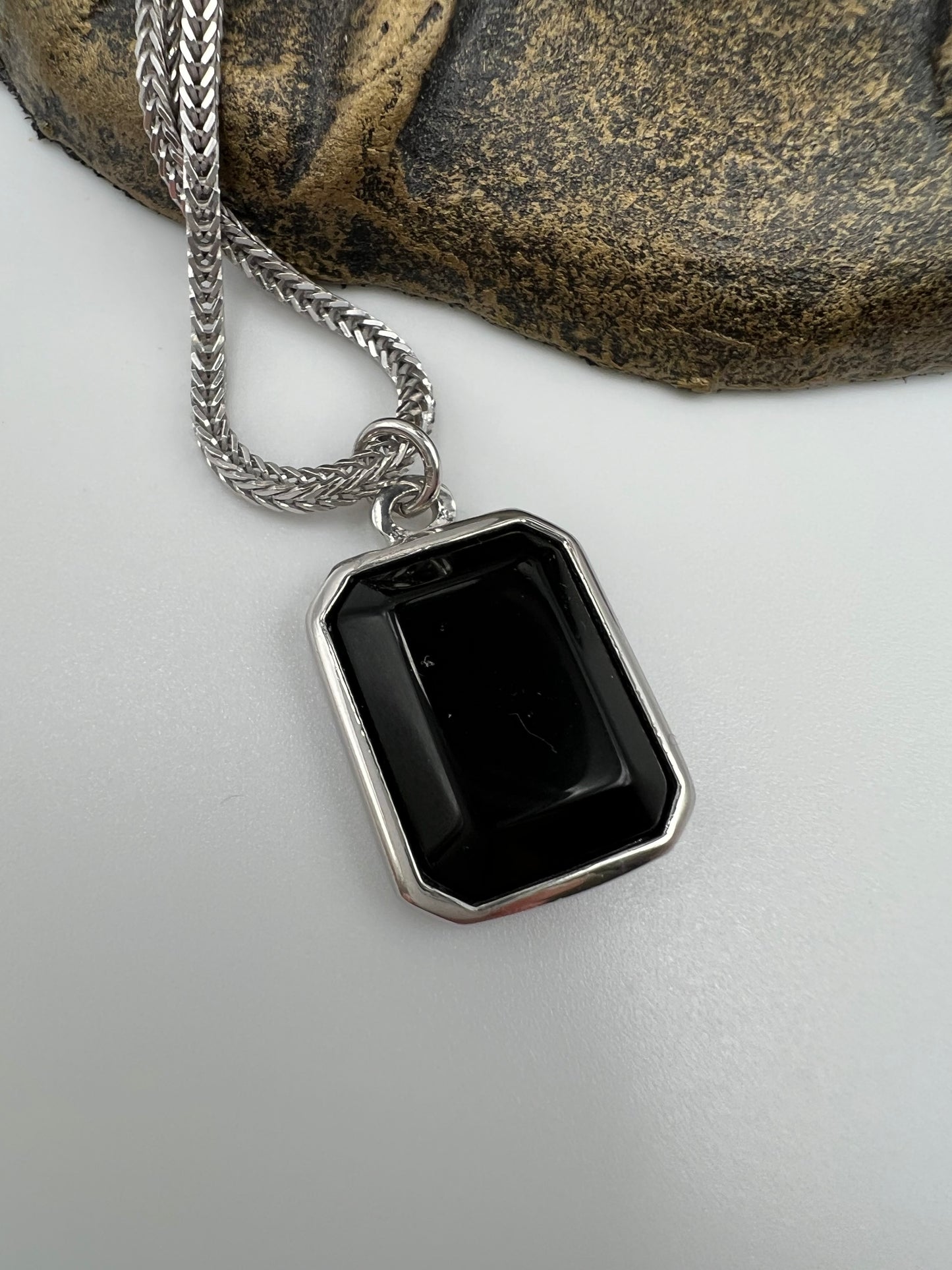 Giorgio Armani Sterling Silver necklace with rectangular onyx pendant 22”