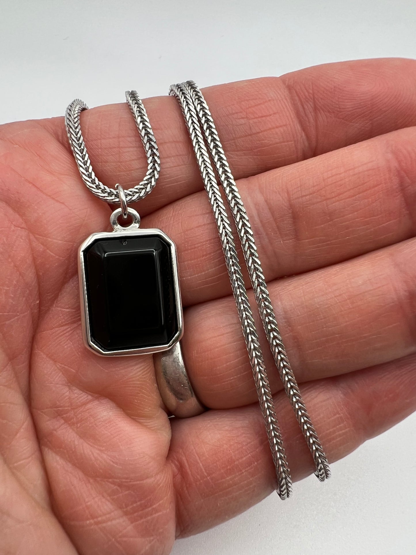 Giorgio Armani Sterling Silver necklace with rectangular onyx pendant 22”