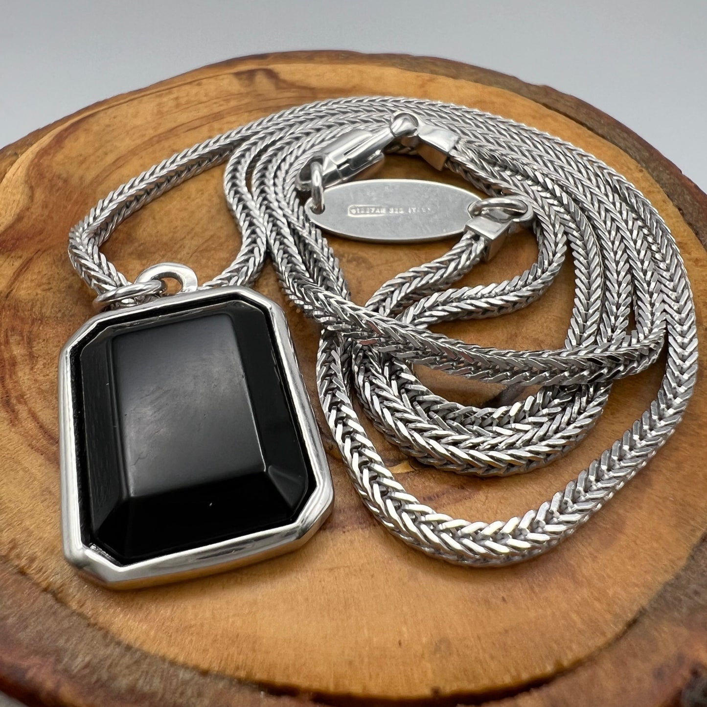 Giorgio Armani Sterling Silver necklace with rectangular onyx pendant 22”