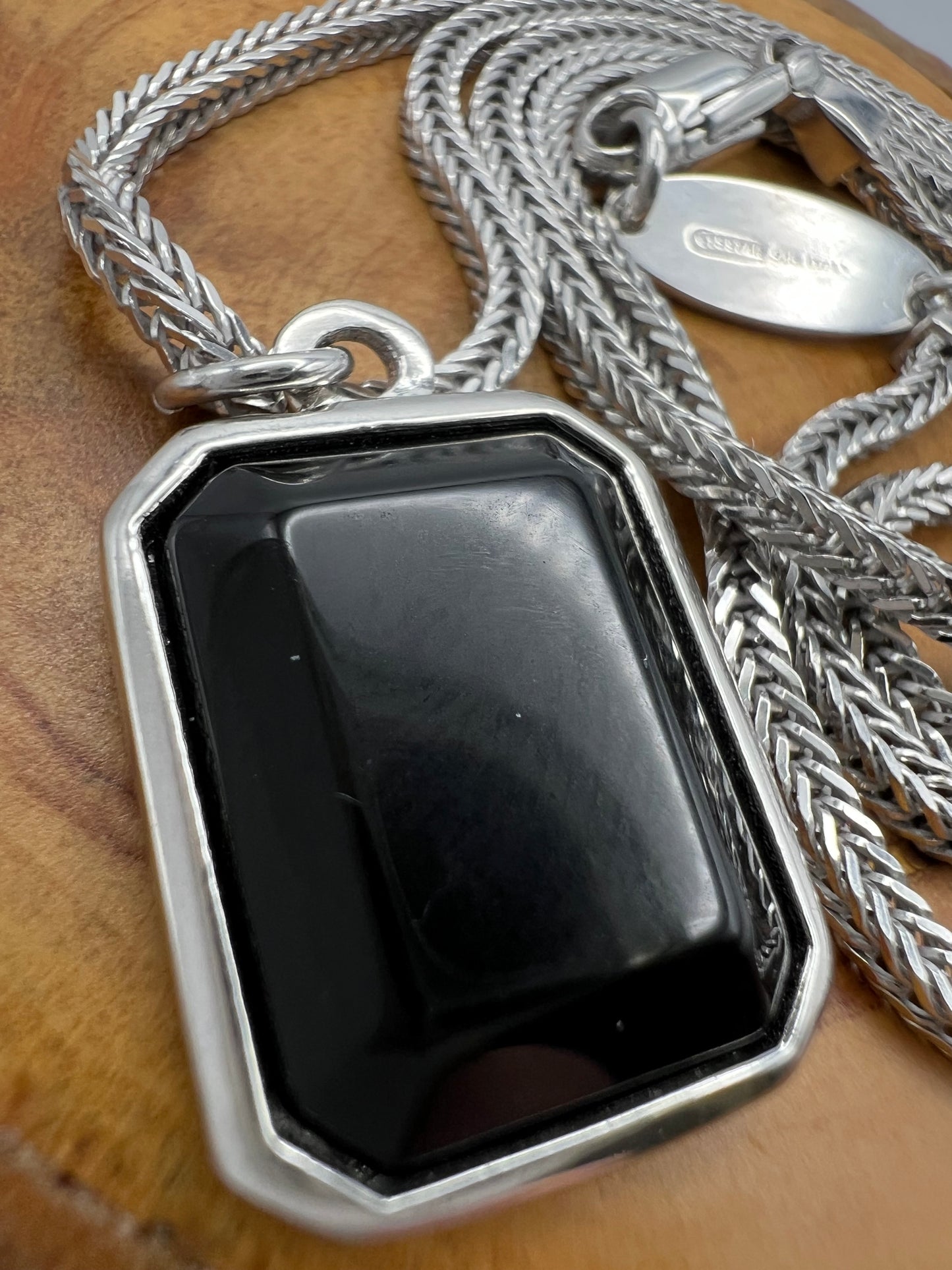 Giorgio Armani Sterling Silver necklace with rectangular onyx pendant 22”