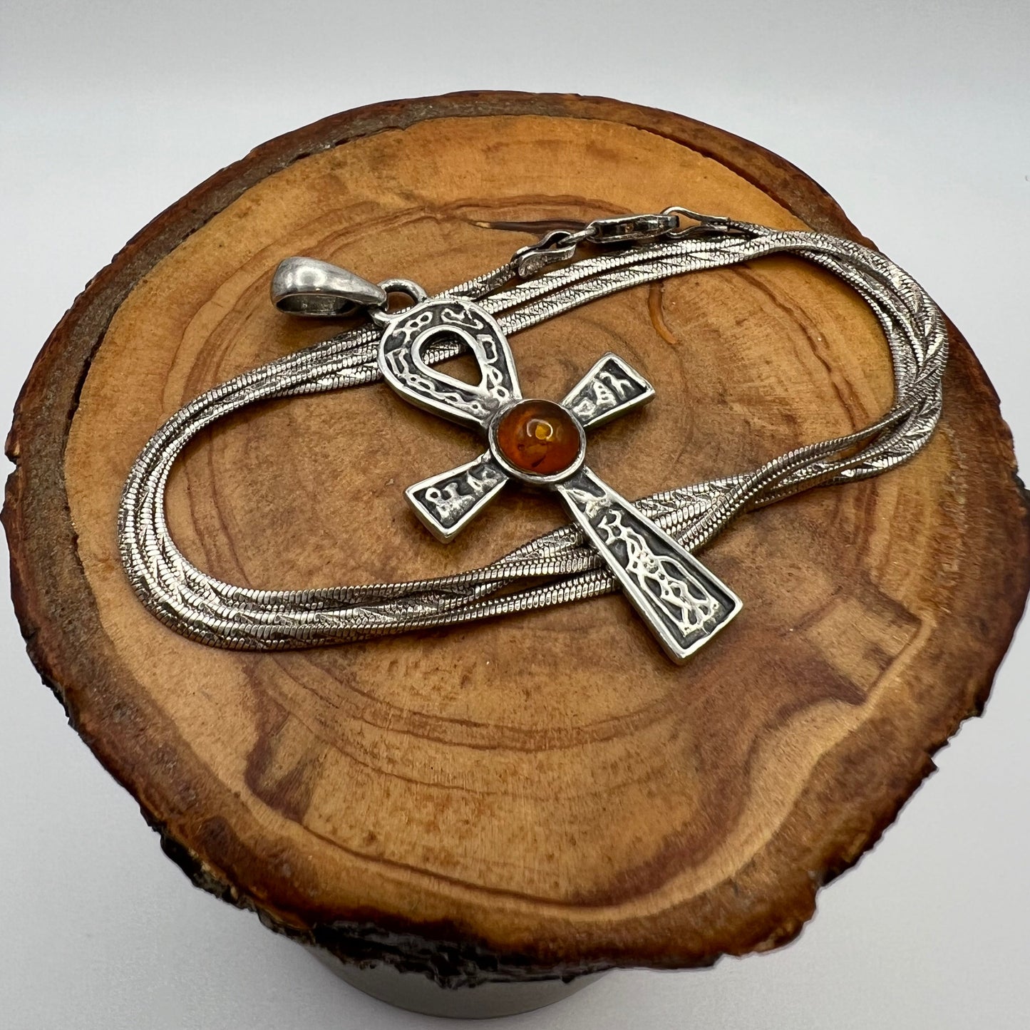 18" Thin Flat Herringbone Silver Chain with Ankh Pendant