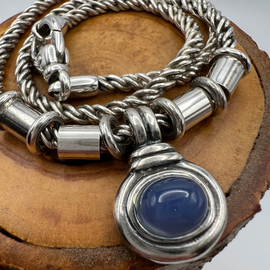 Vintage Sterling Silver Twisted Chain Necklace Featuring a Striking Light Blue Chalcedony Pendant.
