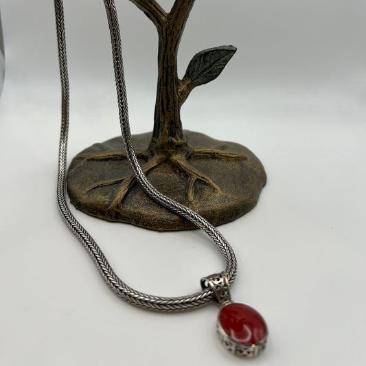 18" Sterling Silver Wheat Chain with Red Stone and Sterling Silver Pendant