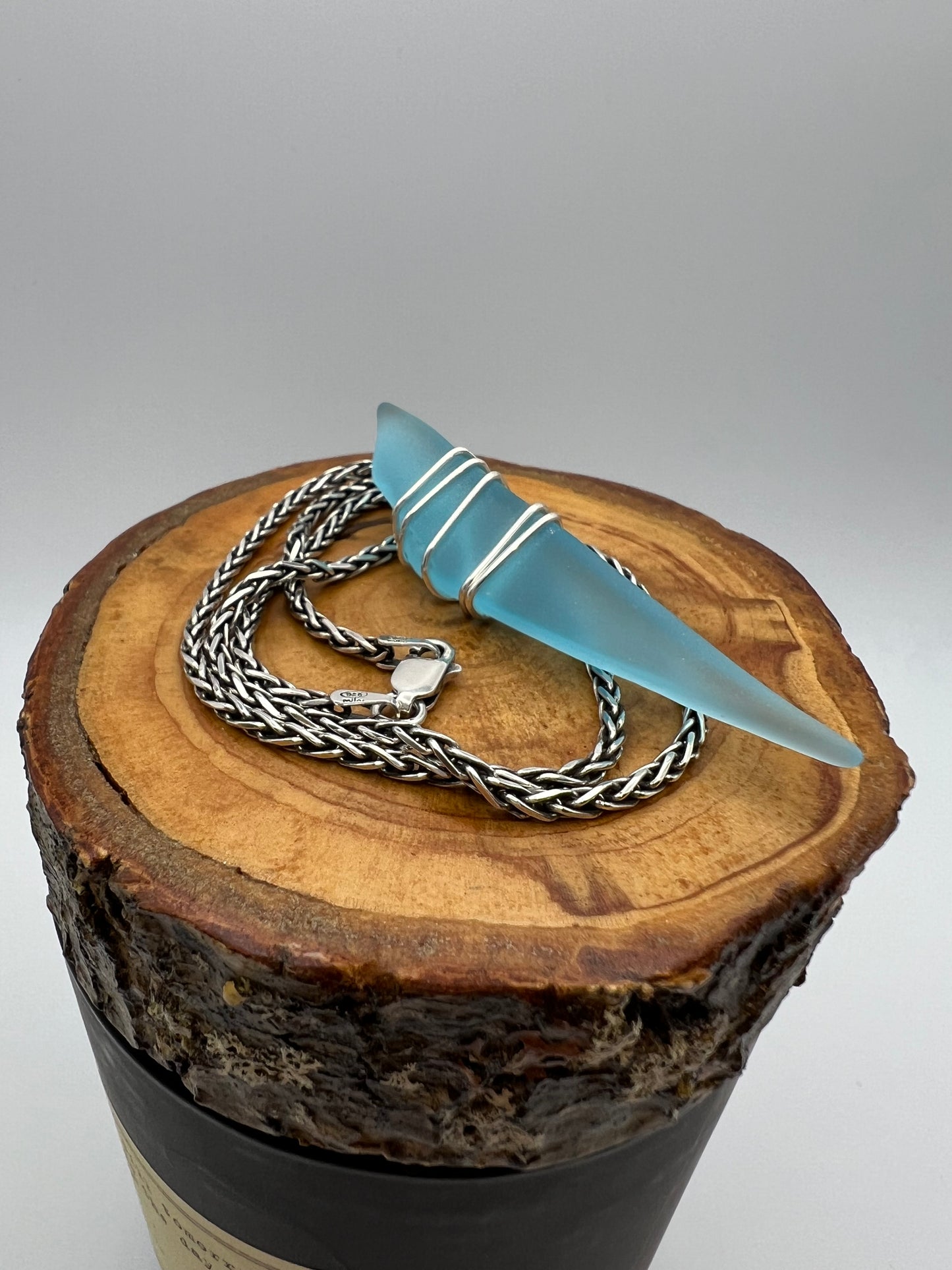 16” Vintage Sterling Silver Necklace and Turquoise Tumbled Glass Pendant