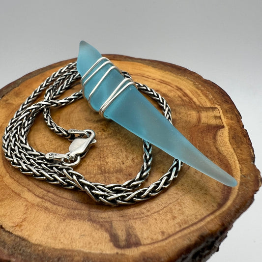 16” Vintage Sterling Silver Necklace and Turquoise Tumbled Glass Pendant