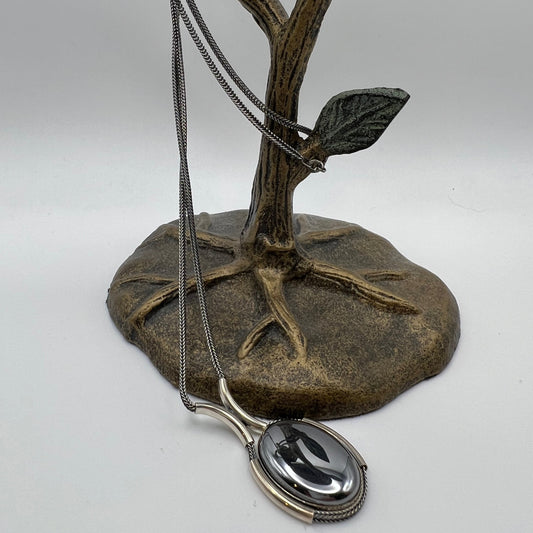 Vintage Sterling Silver Foxtail Necklace with Inlaid Hematite Pendant.