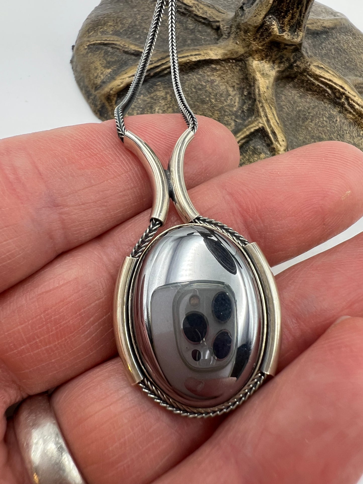 Vintage Sterling Silver Foxtail Necklace with Inlaid Hematite Pendant.
