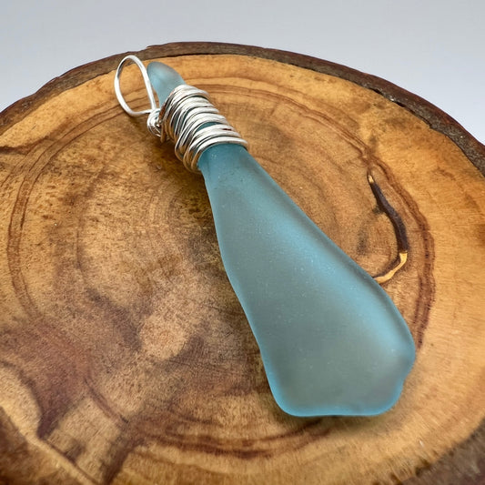 Turquoise Glass Pendant with Silver Wire Wrap