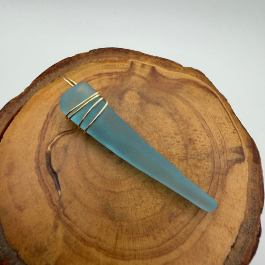 Hand Wrapped Blue Tumbled Glass Pendant with Gold Wire Wrap