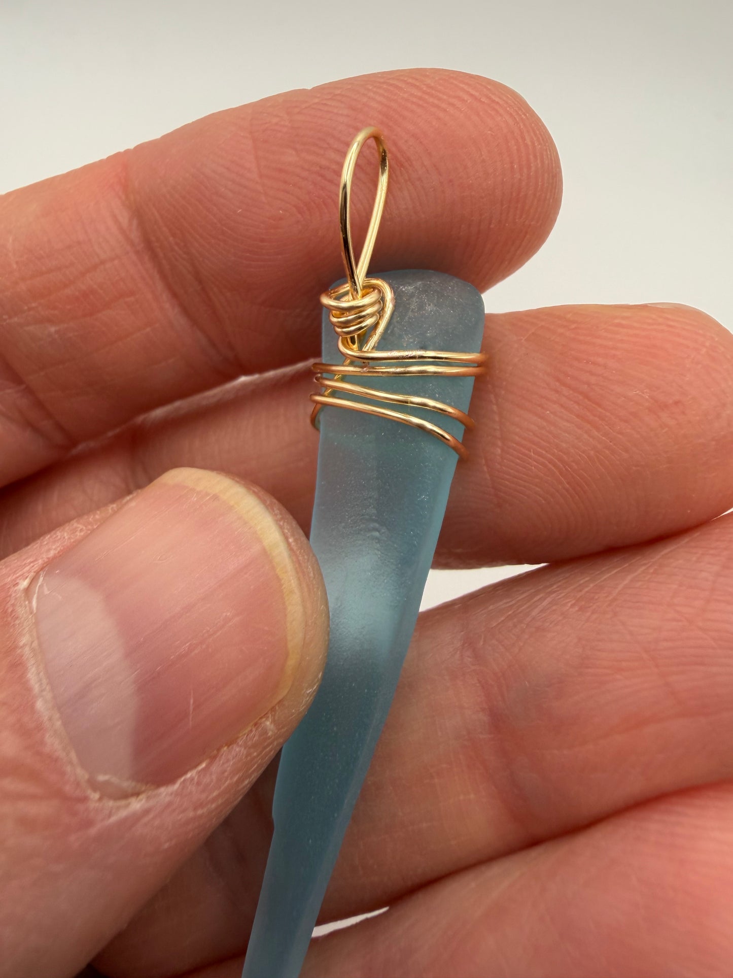 Hand Wrapped Blue Tumbled Glass Pendant with Gold Wire Wrap