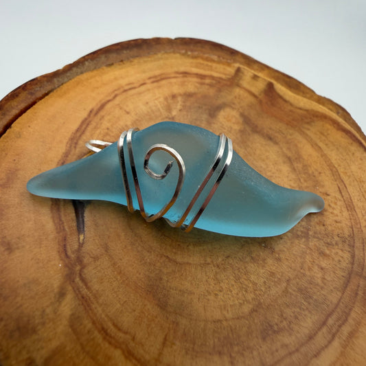 Hand Wrapped Blue Tumbled Glass Pendant with Silver Wire Wrap