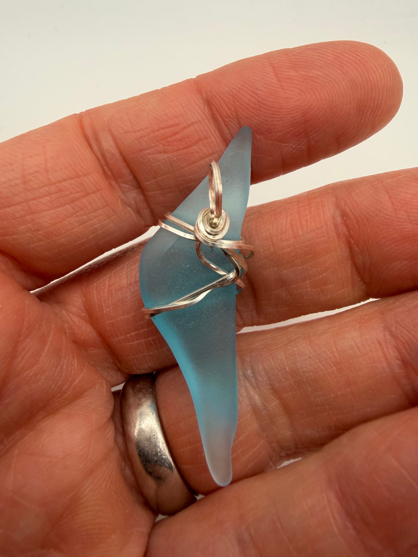 Hand Wrapped Blue Tumbled Glass Pendant with Silver Wire Wrap