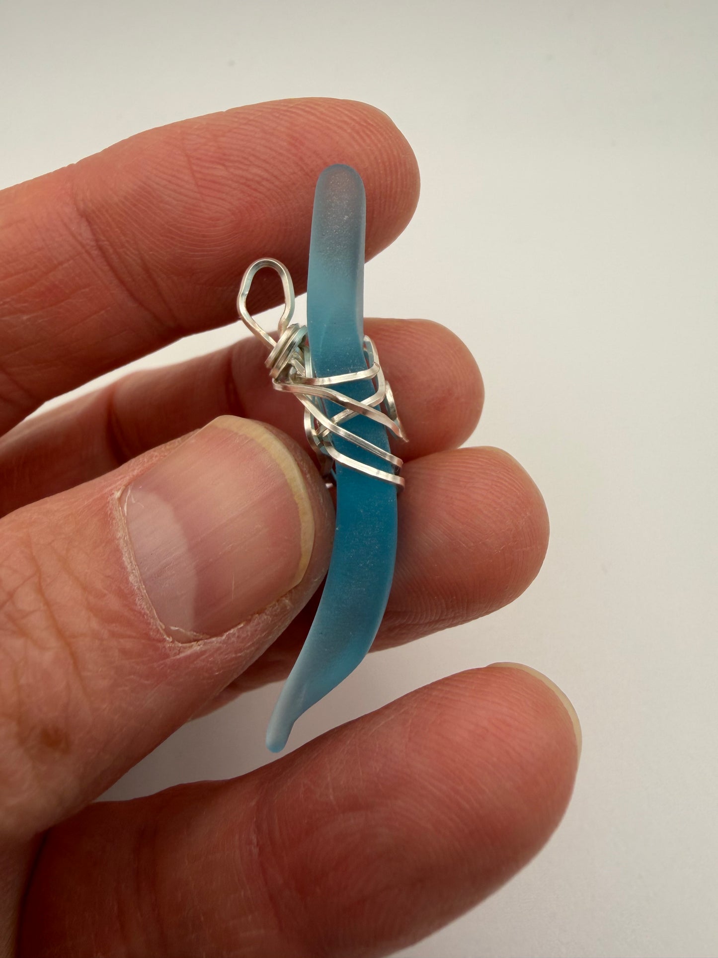 Hand Wrapped Blue Tumbled Glass Pendant with Silver Wire Wrap